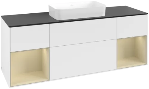 VILLEROY BOCH Toaletní skříňka Finion, s osvětlením, 4 výsuvy, 1600 x 603 x 501 mm, bílý matný lak / hedvábně šedý matný lak / černé matné sklo #F742HJMT