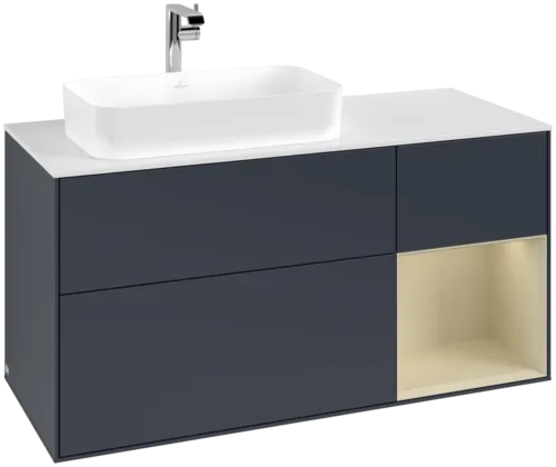 VILLEROY BOCH Toaletní skříňka Finion, s osvětlením, 3 výsuvy, 1200 x 603 x 501 mm, Midnight Blue Matt Lacquer / Silk Grey Matt Lacquer / Glass White Matt #F281HJHG