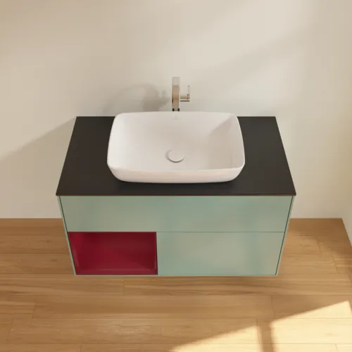 VILLEROY BOCH Toaletní skříňka Finion, s osvětlením, 2 výsuvy, 1000 x 603 x 501 mm, olivový matný lak / pivoňkový matný lak / černé matné sklo #F772HBGM, obrázek 4