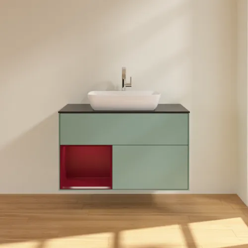 VILLEROY BOCH Toaletní skříňka Finion, s osvětlením, 2 výsuvy, 1000 x 603 x 501 mm, olivový matný lak / pivoňkový matný lak / černé matné sklo #F772HBGM, obrázek 3