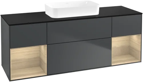 VILLEROY BOCH Toaletní skříňka Finion, s osvětlením, 4 výsuvy, 1600 x 603 x 501 mm, Midnight Blue Matt Lacquer / Dubová dýha / Sklo Black Matt #F742PCHG