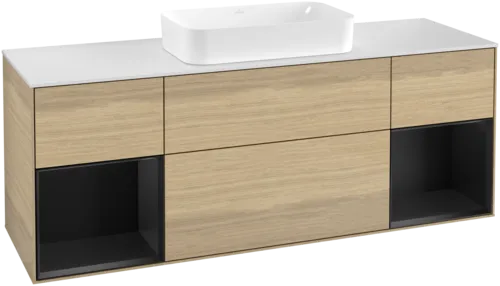 VILLEROY BOCH Toaletní skříňka Finion, s osvětlením, 4 výsuvy, 1600 x 603 x 501 mm, dubová dýha / černý matný lak / bílé matné sklo #F331PDPC