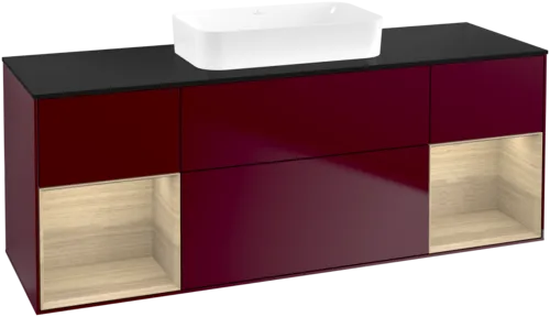 VILLEROY BOCH Toaletní skříňka Finion, s osvětlením, 4 výsuvy, 1600 x 603 x 501 mm, matný lak Peony / dubová dýha / černé matné sklo #F742PCHB