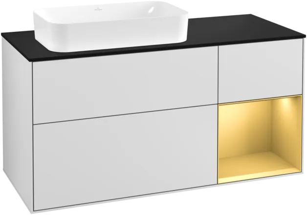 VILLEROY BOCH Toaletní skříňka Finion, s osvětlením, 3 výsuvy, 1200 x 603 x 501 mm, bílý matný lak / zlatý matný lak / černé matné sklo #F282HFMT