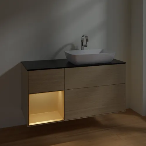 VILLEROY BOCH Toaletní skříňka Finion, s osvětlením, 3 výsuvy, 1200 x 603 x 501 mm, dubová dýha / zlatý matný lak / černé matné sklo #F802HFPC, obrázek 5