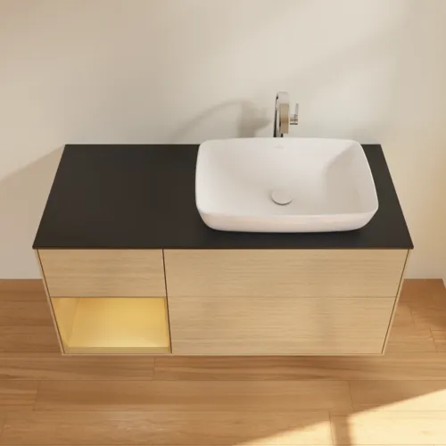 VILLEROY BOCH Toaletní skříňka Finion, s osvětlením, 3 výsuvy, 1200 x 603 x 501 mm, dubová dýha / zlatý matný lak / černé matné sklo #F802HFPC, obrázek 4