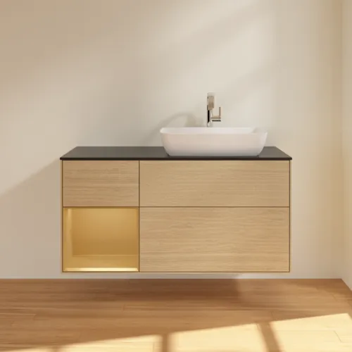 VILLEROY BOCH Toaletní skříňka Finion, s osvětlením, 3 výsuvy, 1200 x 603 x 501 mm, dubová dýha / zlatý matný lak / černé matné sklo #F802HFPC, obrázek 3