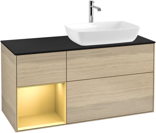 VILLEROY BOCH Toaletní skříňka Finion, s osvětlením, 3 výsuvy, 1200 x 603 x 501 mm, dubová dýha / zlatý matný lak / černé matné sklo #F802HFPC, obrázek 1