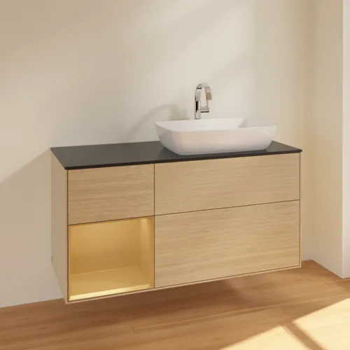 VILLEROY BOCH Toaletní skříňka Finion, s osvětlením, 3 výsuvy, 1200 x 603 x 501 mm, dubová dýha / zlatý matný lak / černé matné sklo #F802HFPC, obrázek 2