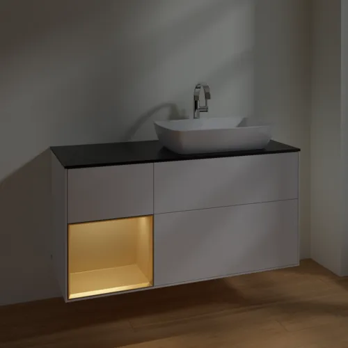 VILLEROY BOCH Toaletní skříňka Finion, s osvětlením, 3 výsuvy, 1200 x 603 x 501 mm, bílý matný lak / zlatý matný lak / černé matné sklo #F802HFMT, obrázek 4