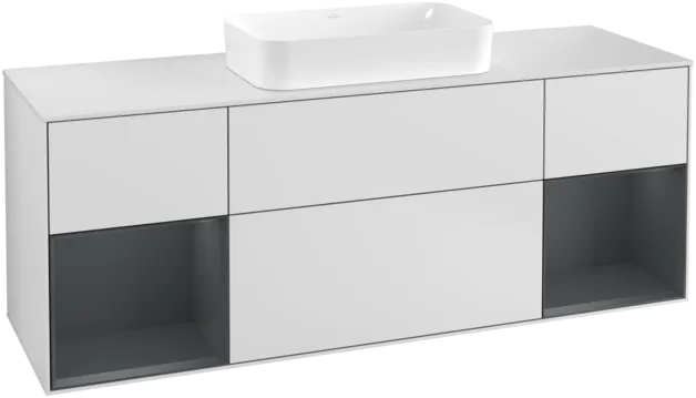 VILLEROY BOCH Toaletní skříňka Finion, s osvětlením, 4 výsuvy, 1600 x 603 x 501 mm, bílý matný lak / půlnoční modrý matný lak / bílé matné sklo #F331HGMT