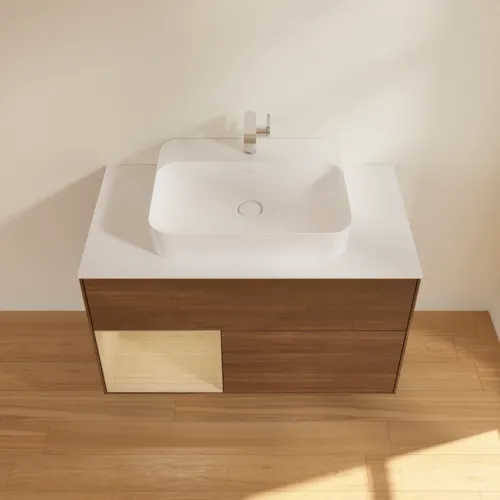 VILLEROY BOCH Umyvadlová skříňka Finion, s osvětlením, 2 výsuvy, 1000 x 603 x 501 mm, ořechová dýha / dubová dýha / sklo bílé matné #F361PCGN, obrázek 4