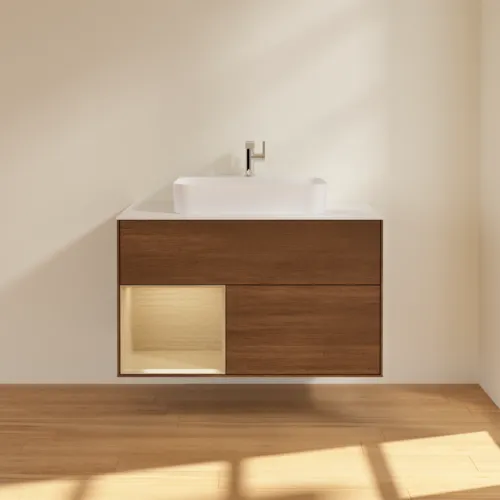 VILLEROY BOCH Umyvadlová skříňka Finion, s osvětlením, 2 výsuvy, 1000 x 603 x 501 mm, ořechová dýha / dubová dýha / sklo bílé matné #F361PCGN, obrázek 3