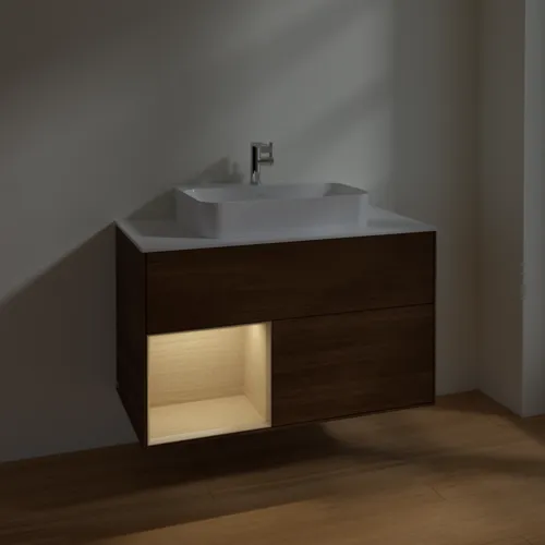 VILLEROY BOCH Umyvadlová skříňka Finion, s osvětlením, 2 výsuvy, 1000 x 603 x 501 mm, ořechová dýha / dubová dýha / sklo bílé matné #F361PCGN, obrázek 5