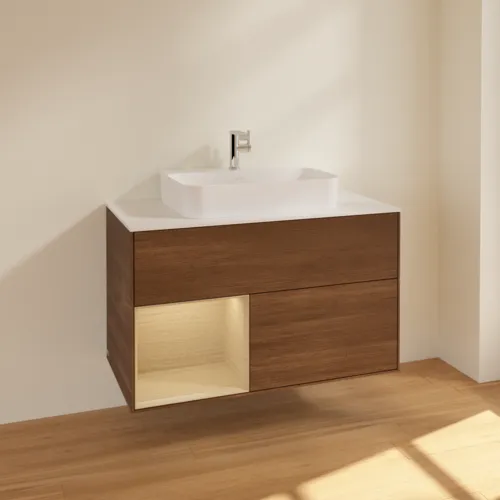 VILLEROY BOCH Umyvadlová skříňka Finion, s osvětlením, 2 výsuvy, 1000 x 603 x 501 mm, ořechová dýha / dubová dýha / sklo bílé matné #F361PCGN, obrázek 2