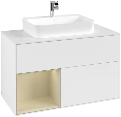 VILLEROY BOCH Toaletní skříňka Finion, s osvětlením, 2 výsuvy, 1000 x 603 x 501 mm, bílý matný lak / hedvábně šedý matný lak / bílé matné sklo #F361HJMT