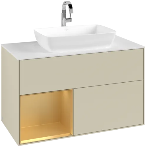 VILLEROY BOCH Toaletní skříňka Finion, s osvětlením, 2 výsuvy, 1000 x 603 x 501 mm, Silk Grey Matt Lacquer / Gold Matt Lacquer / Glass White Matt #F771HFHJ