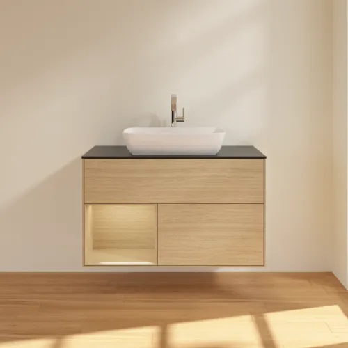 VILLEROY BOCH Toaletní stolek Finion, s osvětlením, 2 výsuvy, 1000 x 603 x 501 mm, dubová dýha / dubová dýha / sklo černé matné #F772PCPC, obrázek 3