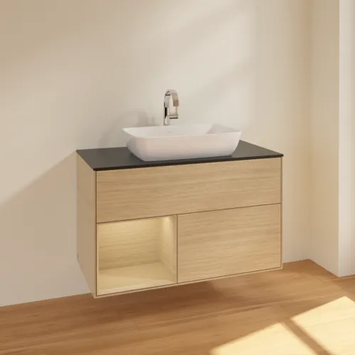 VILLEROY BOCH Toaletní stolek Finion, s osvětlením, 2 výsuvy, 1000 x 603 x 501 mm, dubová dýha / dubová dýha / sklo černé matné #F772PCPC, obrázek 2