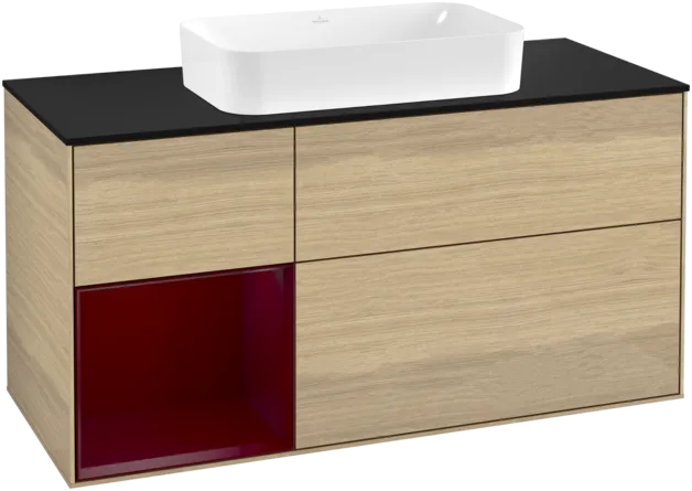 VILLEROY BOCH Toaletní skříňka Finion, s osvětlením, 3 výsuvy, 1200 x 603 x 501 mm, dubová dýha / matný lak Pivoňka / matné černé sklo #F292HBPC