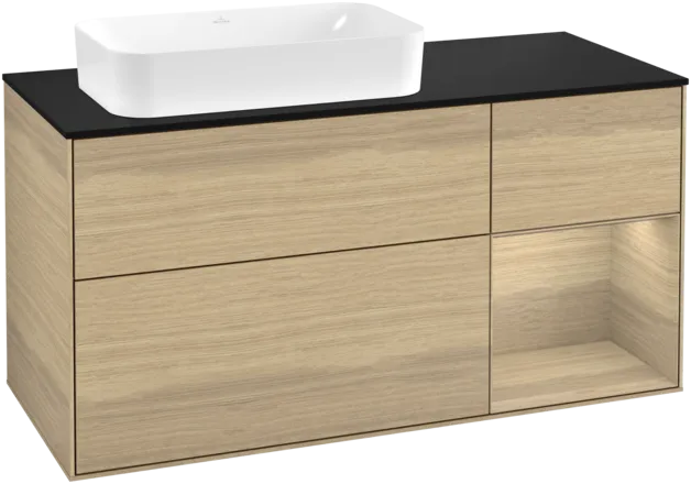 VILLEROY BOCH Toaletní stolek Finion, s osvětlením, 3 výsuvy, 1200 x 603 x 501 mm, dubová dýha / dubová dýha / sklo černé matné #F282PCPC