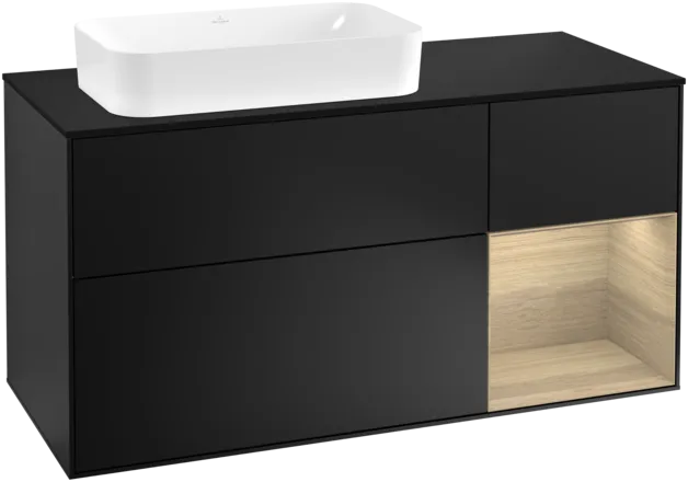 VILLEROY BOCH Toaletní skříňka Finion, s osvětlením, 3 výsuvy, 1200 x 603 x 501 mm, černý matný lak / dubová dýha / černé matné sklo #F282PCPD