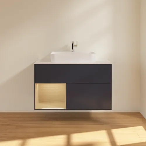VILLEROY BOCH Toaletní skříňka Finion, s osvětlením, 2 výsuvy, 1000 x 603 x 501 mm, Midnight Blue Matt Lacquer / Oak Veneer / Glass White Matt #F361PCHG, obrázek 3