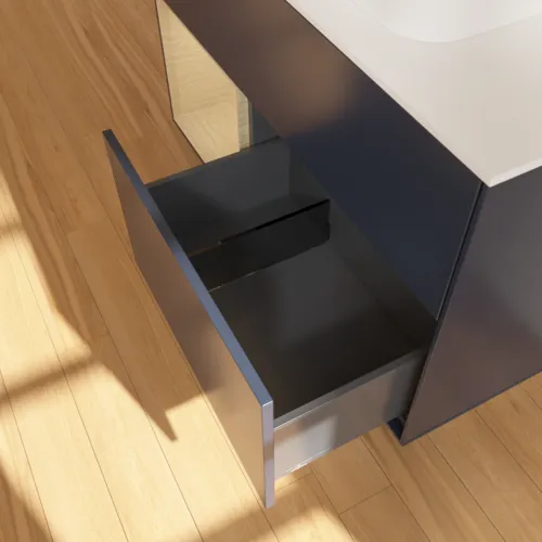 VILLEROY BOCH Toaletní skříňka Finion, s osvětlením, 2 výsuvy, 1000 x 603 x 501 mm, Midnight Blue Matt Lacquer / Oak Veneer / Glass White Matt #F361PCHG, obrázek 7