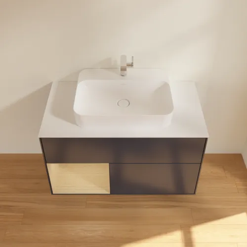 VILLEROY BOCH Toaletní skříňka Finion, s osvětlením, 2 výsuvy, 1000 x 603 x 501 mm, Midnight Blue Matt Lacquer / Oak Veneer / Glass White Matt #F361PCHG, obrázek 4