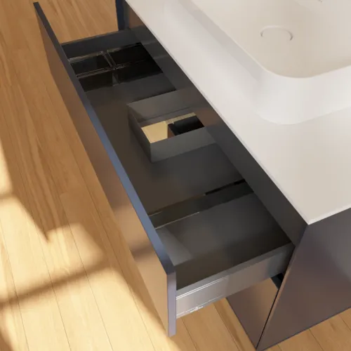 VILLEROY BOCH Toaletní skříňka Finion, s osvětlením, 2 výsuvy, 1000 x 603 x 501 mm, Midnight Blue Matt Lacquer / Oak Veneer / Glass White Matt #F361PCHG, obrázek 8