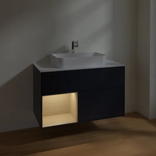 VILLEROY BOCH Toaletní skříňka Finion, s osvětlením, 2 výsuvy, 1000 x 603 x 501 mm, Midnight Blue Matt Lacquer / Oak Veneer / Glass White Matt #F361PCHG, obrázek 5