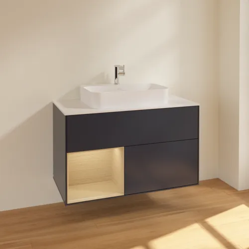 VILLEROY BOCH Toaletní skříňka Finion, s osvětlením, 2 výsuvy, 1000 x 603 x 501 mm, Midnight Blue Matt Lacquer / Oak Veneer / Glass White Matt #F361PCHG, obrázek 2