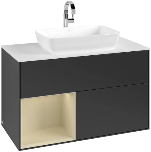 VILLEROY BOCH Toaletní skříňka Finion, s osvětlením, 2 výsuvy, 1000 x 603 x 501 mm, černý matný lak / hedvábně šedý matný lak / bílé matné sklo #F771HJPD