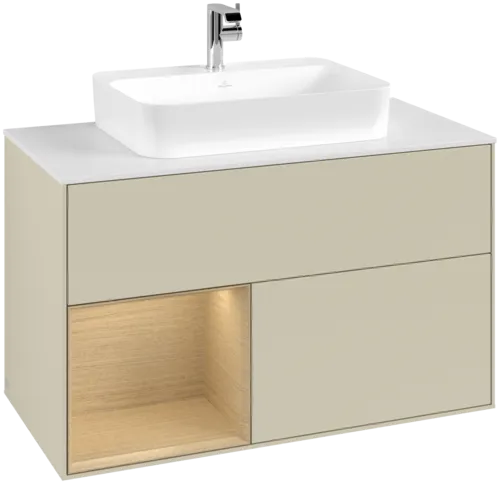 VILLEROY BOCH Toaletní skříňka Finion, s osvětlením, 2 výsuvy, 1000 x 603 x 501 mm, hedvábně šedý matný lak / dubová dýha / sklo bílé matné #F361PCHJ