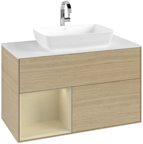 VILLEROY BOCH Toaletní stolek Finion, s osvětlením, 2 výsuvy, 1000 x 603 x 501 mm, dubová dýha / hedvábně šedý matný lak / sklo bílé matné #F771HJPC