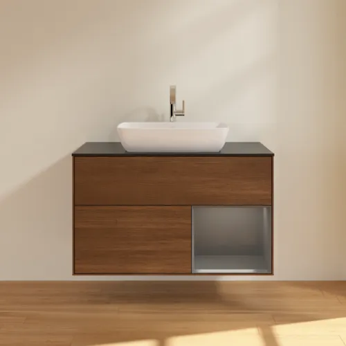 VILLEROY BOCH Toaletní stolek Finion, s osvětlením, 2 výsuvy, 1000 x 603 x 501 mm, ořechová dýha / antracitový matný lak / černé matné sklo #F782GKGN, obrázek 3