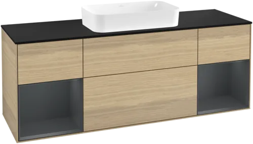 VILLEROY BOCH Toaletní skříňka Finion, s osvětlením, 4 výsuvy, 1600 x 603 x 501 mm, dubová dýha / půlnočně modrý matný lak / černé matné sklo #F332HGPC
