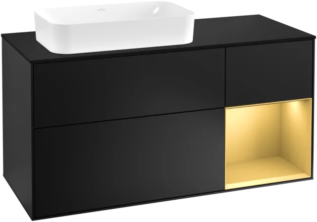 VILLEROY BOCH Toaletní skříňka Finion, s osvětlením, 3 výsuvy, 1200 x 603 x 501 mm, černý matný lak / zlatý matný lak / černé matné sklo #F282HFPD