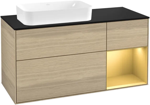 VILLEROY BOCH Toaletní skříňka Finion, s osvětlením, 3 výsuvy, 1200 x 603 x 501 mm, dubová dýha / zlatý matný lak / černé matné sklo #F282HFPC