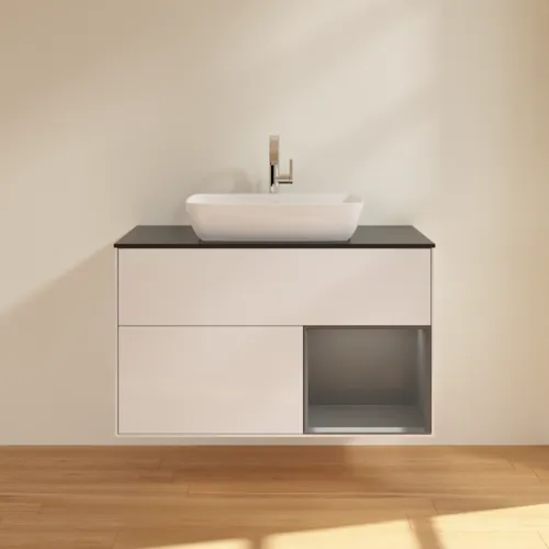 VILLEROY BOCH Toaletní skříňka Finion, s osvětlením, 2 výsuvy, 1000 x 603 x 501 mm, lesklý bílý lak / antracitový matný lak / černé matné sklo #F782GKGF, obrázek 3