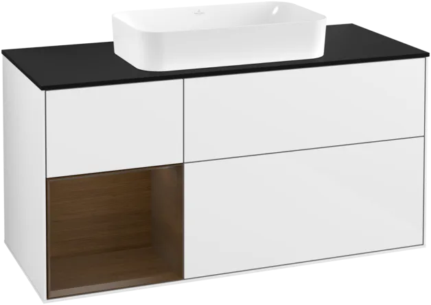 VILLEROY BOCH Toaletní skříňka Finion, s osvětlením, 3 výsuvy, 1200 x 603 x 501 mm, lesklý bílý lak / ořechová dýha / černé matné sklo #F292GNGF