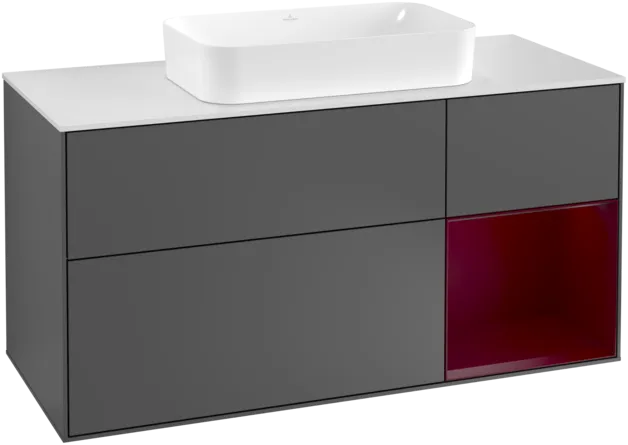 VILLEROY BOCH Toaletní skříňka Finion, s osvětlením, 3 výsuvy, 1200 x 603 x 501 mm, antracitový matný lak / pivoňkový matný lak / bílé matné sklo #F301HBGK