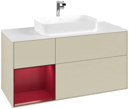 VILLEROY BOCH Toaletní skříňka Finion, s osvětlením, 3 výsuvy, 1200 x 603 x 501 mm, Silk Grey Matt Lacquer / Peony Matt Lacquer / Glass White Matt #F291HBHJ