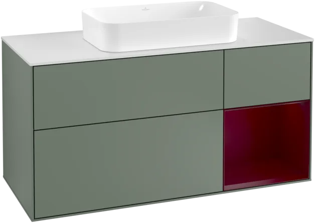 VILLEROY BOCH Toaletní skříňka Finion, s osvětlením, 3 výsuvy, 1200 x 603 x 501 mm, olivový matný lak / pivoňkový matný lak / bílé matné sklo #F301HBGM