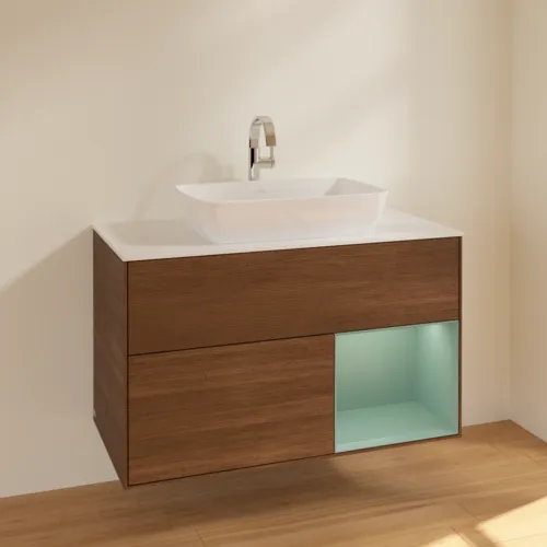 VILLEROY BOCH Toaletní stolek Finion, s osvětlením, 2 výsuvy, 1000 x 603 x 501 mm, ořechová dýha / olivový matný lak / sklo bílé matné #F781GMGN, obrázek 2