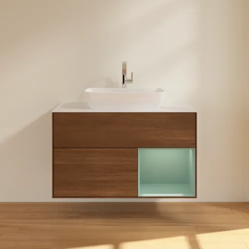 VILLEROY BOCH Toaletní stolek Finion, s osvětlením, 2 výsuvy, 1000 x 603 x 501 mm, ořechová dýha / olivový matný lak / sklo bílé matné #F781GMGN, obrázek 3