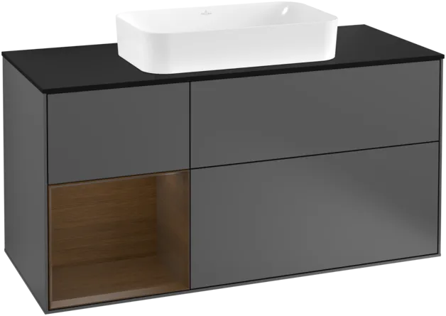 VILLEROY BOCH Toaletní skříňka Finion, s osvětlením, 3 výsuvy, 1200 x 603 x 501 mm, antracitový matný lak / ořechová dýha / černé matné sklo #F292GNGK