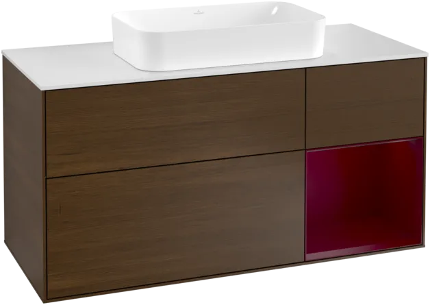 VILLEROY BOCH Toaletní skříňka Finion, s osvětlením, 3 výsuvy, 1200 x 603 x 501 mm, ořechová dýha / matný lak Pivoňka / matné bílé sklo #F301HBGN