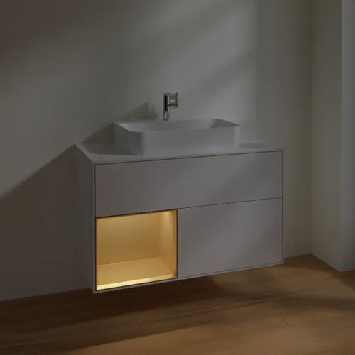 VILLEROY BOCH Toaletní skříňka Finion, s osvětlením, 2 výsuvy, 1000 x 603 x 501 mm, lesklý bílý lak / zlatý matný lak / bílé matné sklo #F361HFGF, obrázek 5