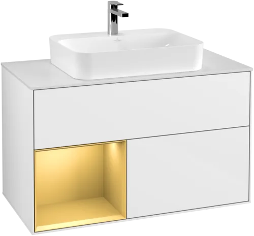 VILLEROY BOCH Toaletní skříňka Finion, s osvětlením, 2 výsuvy, 1000 x 603 x 501 mm, lesklý bílý lak / zlatý matný lak / bílé matné sklo #F361HFGF